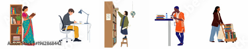 Flat Illustration Set of Diverse Multicultural People Engaged in Reading, Studying, and Library Activities