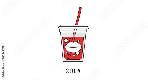 Plastic cup of red soda with a white straw features a graphic of lips on the front and the word soda written below in a simple black font.