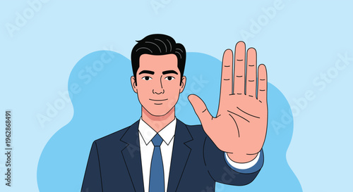 Successful businessman in formal suit extends his hand to show a stop gesture, conveying a message of refusal or warning on blue background.