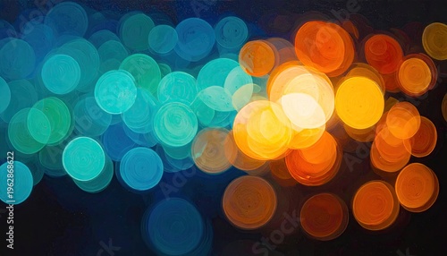 Abstract image of out-of-focus, vibrant blue, green, and orange circles