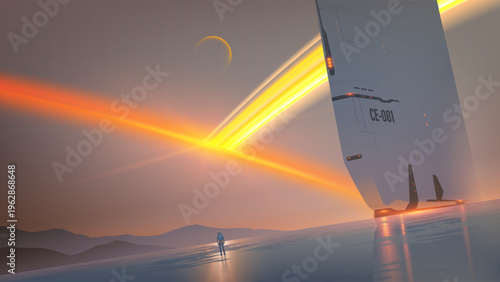 Futuristic sci-fi vector landscape of an explorer looking at a massive monolithic structure and glowing planetary rings.