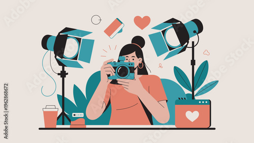 A young woman taking a photo with a camera in a creative studio setting with lights and plants