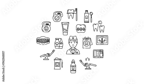 Orthodontic and dental health line icon collection with dentist tools and hygiene symbols editable vector set