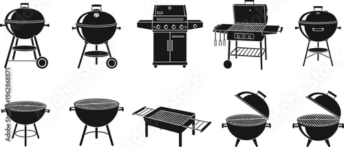 Collection of barbecue grill silhouettes including charcoal and gas BBQ equipment, outdoor cooking appliances set isolated for design and illustration use