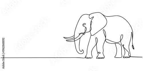 Minimalist continuous one line drawing of a majestic elephant with its trunk raised high