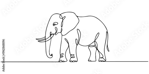 Minimalist continuous one line drawing of a majestic elephant with its trunk raised high