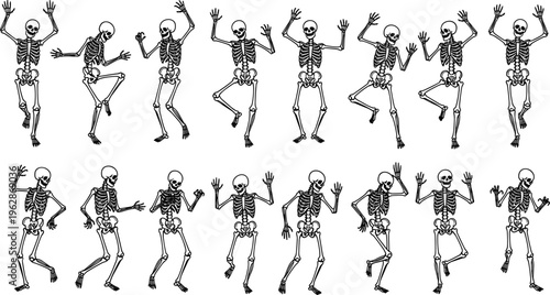 Collection of dancing skeleton silhouettes in playful poses, Halloween character set isolated for spooky design, party decoration, and illustration use
