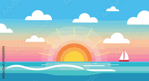A cartoon-style illustration of a sunset over the ocean with a sailboat