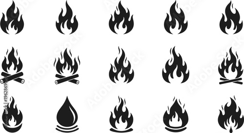 Collection of fire flame silhouettes including campfire and blaze icons, heat and burning elements set isolated for design and illustration use