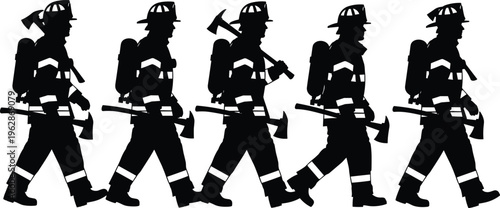 Collection of firefighter silhouettes walking with equipment, emergency service team set isolated for rescue, safety, and profession illustration design use