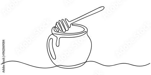 A continuous line drawing of a honey jar with a dipper