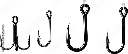 Collection of fishing hook silhouettes including single and treble hooks, angling equipment set isolated for sport fishing design and illustration use