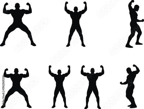 Collection of muscular bodybuilder silhouettes flexing in strong poses, fitness athlete set isolated for gym, sport, and strength training design use