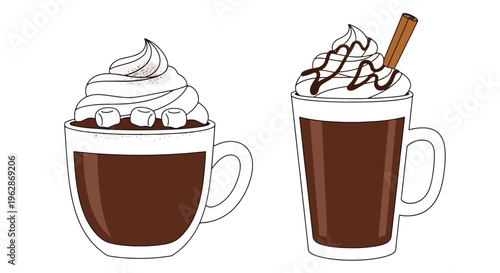 Two cups of hot chocolate with whipped cream and toppings