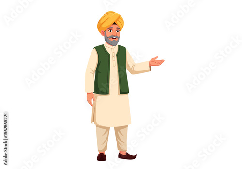 Man wearing traditional Indian clothing standing and gesturing