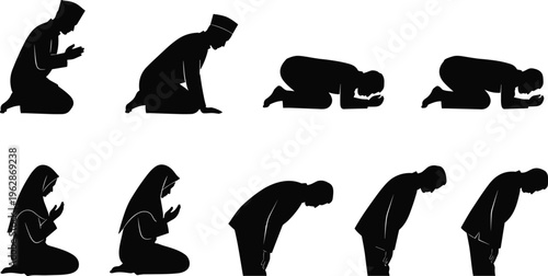 Collection of Muslim prayer silhouettes showing different salah positions, Islamic worship set isolated for religious design, culture, and spiritual illustration use