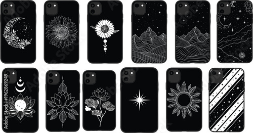 Collection of smartphone case designs with celestial, floral, and abstract patterns, modern phone cover set isolated for fashion and accessory design use