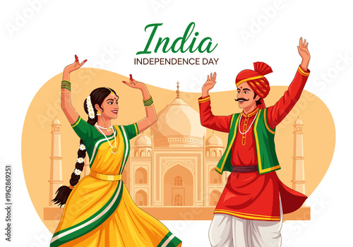 Indian Independence Day celebration with traditional dance and Taj Mahal