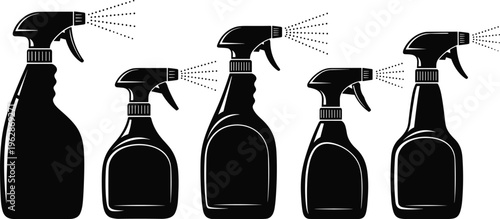 Collection of spray bottle silhouettes with cleaning liquid sprayers, household sanitation equipment set isolated for hygiene, product design, and illustration use