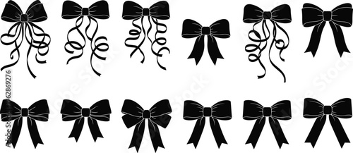 Collection of ribbon bow silhouettes with decorative gift elements, elegant bowknot set isolated for packaging design, decoration, and festive illustration use