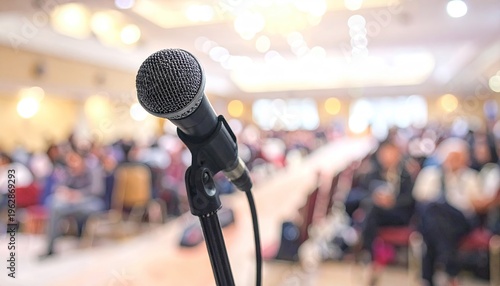 Microphone on stand in focus, audience blurred in a large hall