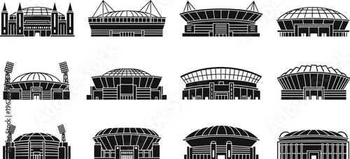 Collection of stadium silhouettes including arena and sports venues, architecture set isolated for event design, urban illustration, and venue branding use