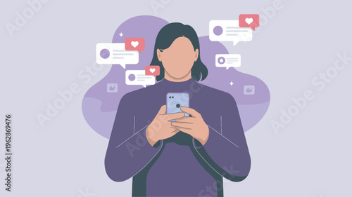 A woman engrossed in her smartphone with social media notifications surrounding her.