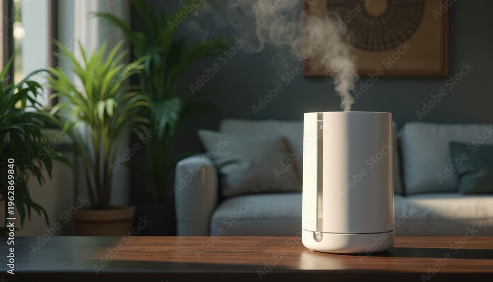 Fototapeta premium Modern white humidifier produces steam in cozy living room. Device sits on table near green houseplants. Home interior air moistening for comfort and health.