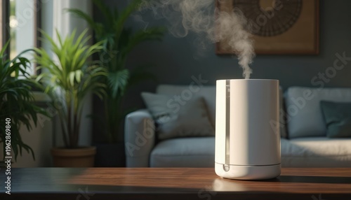 Modern white humidifier produces steam in cozy living room. Device sits on table near green houseplants. Home interior air moistening for comfort and health.