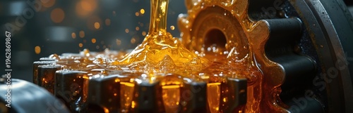 Golden oil pours over metal gears creating a slick motion. Lubrication flows across industrial machinery parts, showing smooth operation and precision engineering in manufacturing. Close-up detail.