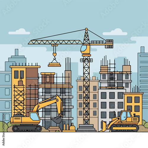 A cartoon-style illustration showing a construction site with buildings