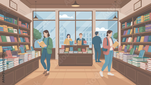 A bustling bookstore with customers browsing shelves and checking out at the counter.
