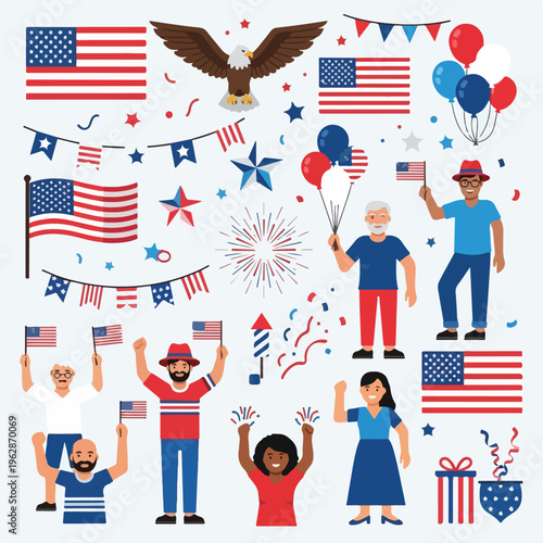 Patriotic elements with people and flags, celebrating a national holiday