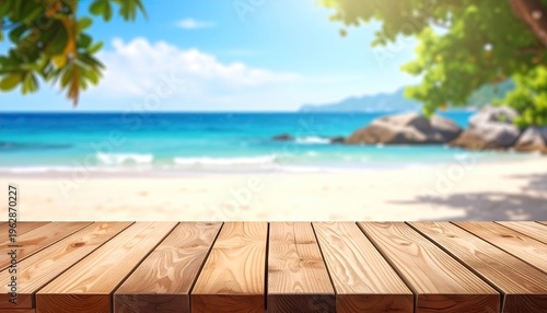 Beach scene with wooden foreground, ocean, sky, and lush greenery