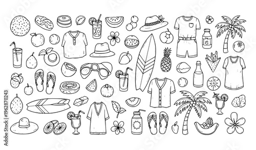 Hand drawn summer doodle set beach food clothes tropical elements black and white vector illustration isolated on white
