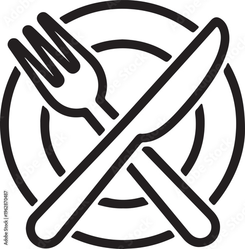 Minimalist restaurant icon with crossed fork and knife on a plate, black line art cutlery vector, dining and catering service symbol isolated PNG with Transparent Background