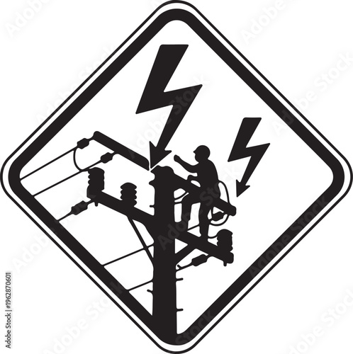 High voltage warning sign with electrician silhouette, electrical hazard safety icon, lineman working on power lines vector illustration isolated PNG with Transparent Background