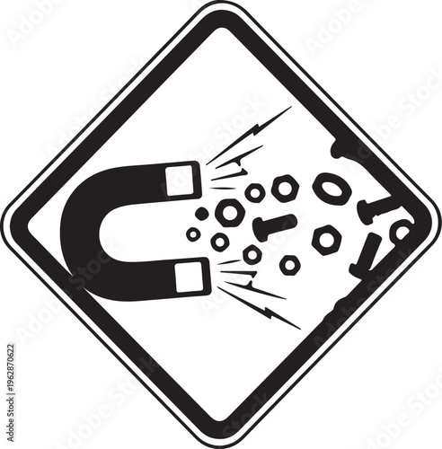 Industrial magnetic field warning sign, horseshoe magnet attracting metal bolts and nuts vector, safety hazard alert symbol for workshop isolated PNG with Transparent Background