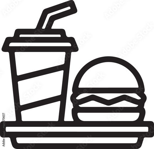 Minimalist fast food line icon, black and white burger and soda cup vector, restaurant meal combo illustration for menu design and signage isolated PNG with Transparent Background
