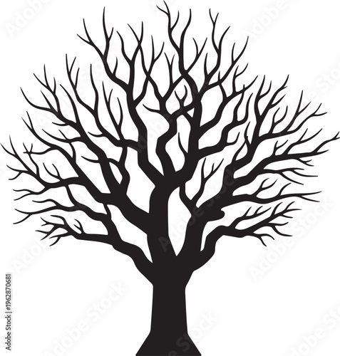 Bare tree silhouette with intricate branches, black winter tree vector illustration, leafless oak tree shape for spooky halloween and nature designs isolated PNG with Transparent Background