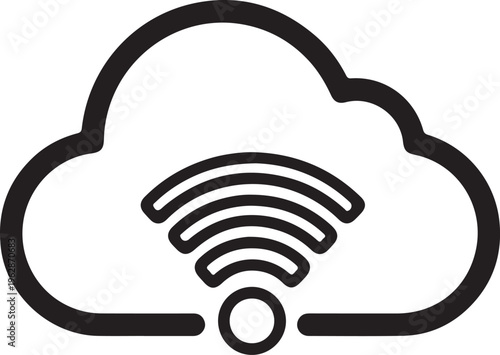 Cloud computing icon with wifi signal, black outline vector of wireless network connection, digital storage and internet connectivity symbol isolated PNG with Transparent Background