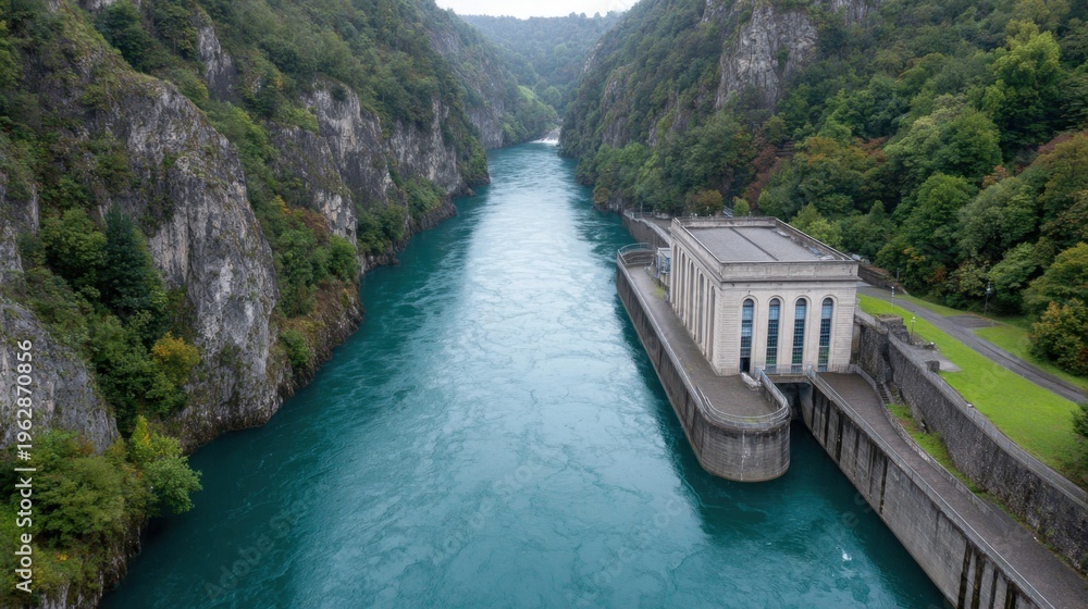 Fototapeta premium Scenic View of a Turquoise River Flowing through a Canyon with a Power Station Surrounded by Lush Green Forests