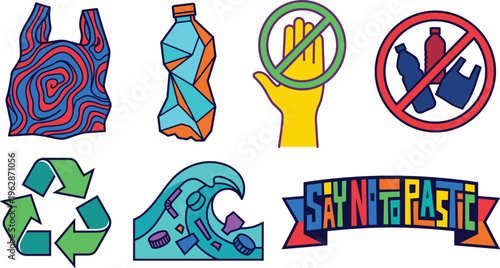 Say no to plastic vector illustration set with recycling symbols eco friendly awareness elements colorful collection isolated
