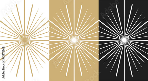 Abstract sunburst pattern set, geometric radial rays background, black gold modern design, retro starburst collection, decorative vector illustration