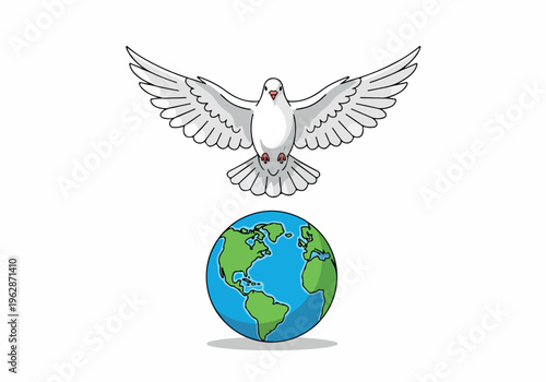 A white dove of peace soars gracefully above a vibrant green and blue earth, symbolizing hope and global unity