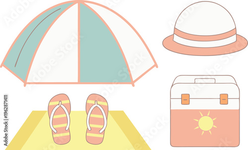 Summer Beach Vacation Set with Umbrella Flip Flops Hat and Cooler in Flat Style vector,Generative Ai