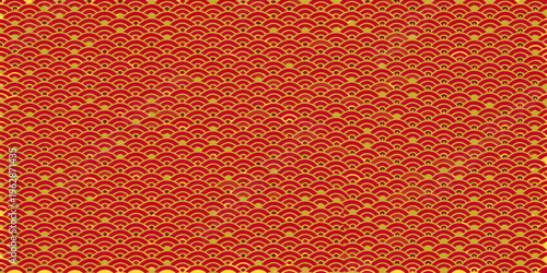 A repeating pattern of golden fish scales on a vibrant red background