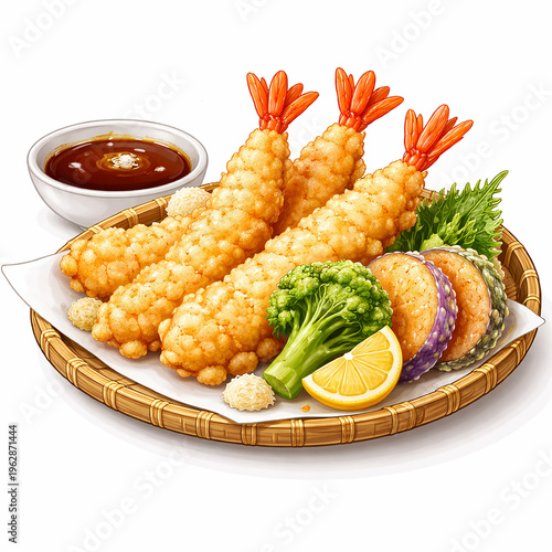 Crispy Japanese Tempura Illustration with Shrimp and Vegetables – Golden Cartoon Vector Food Art