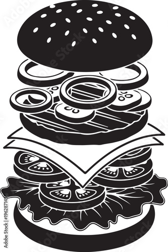 Illustration of a stacked burger with toppings and sesame seed bun