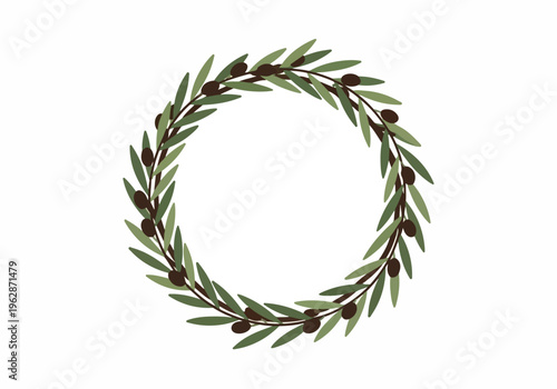 Wreath of olive branches with olives on a white background